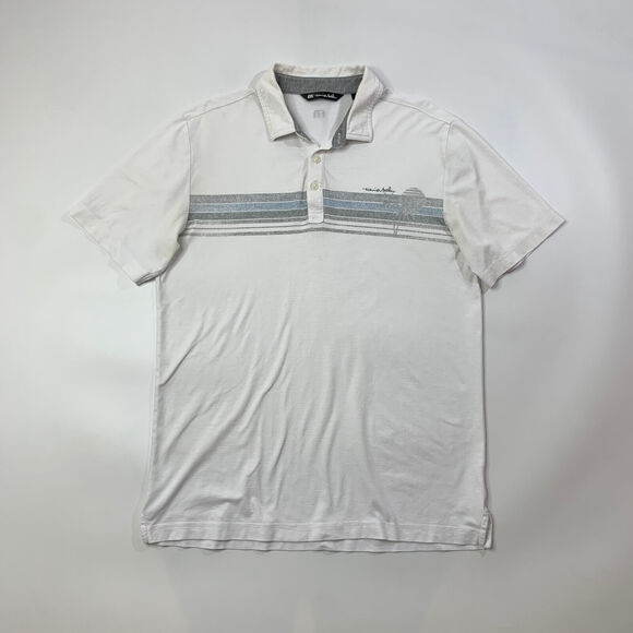 Travis Mathew Polo Shirt Mens M Medium White Surf Slang Stripe Short Sleeve Golf - Picture 2 of 10